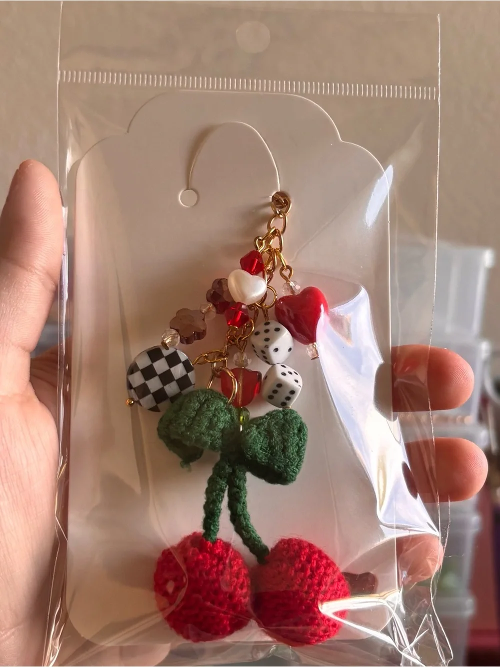 Handmade Red Crochet Cherry Keychain with Bead Charms